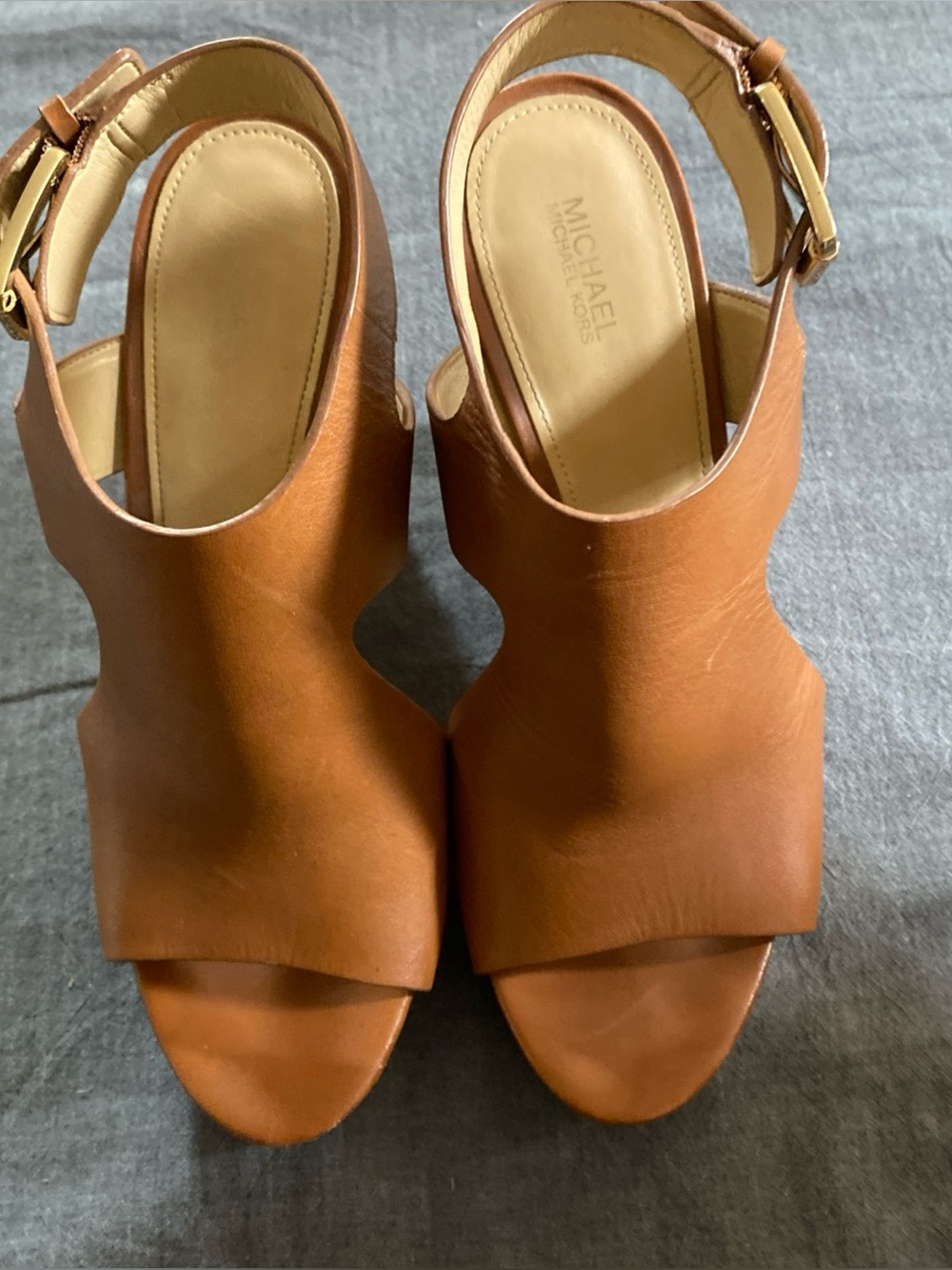 Michael Kors Cognac Leather Open-Peep Wedge Slingbacks